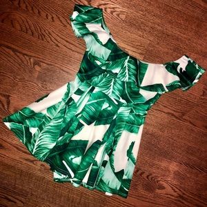 Green/White Palms/Leaves Off The Shoulder Romper